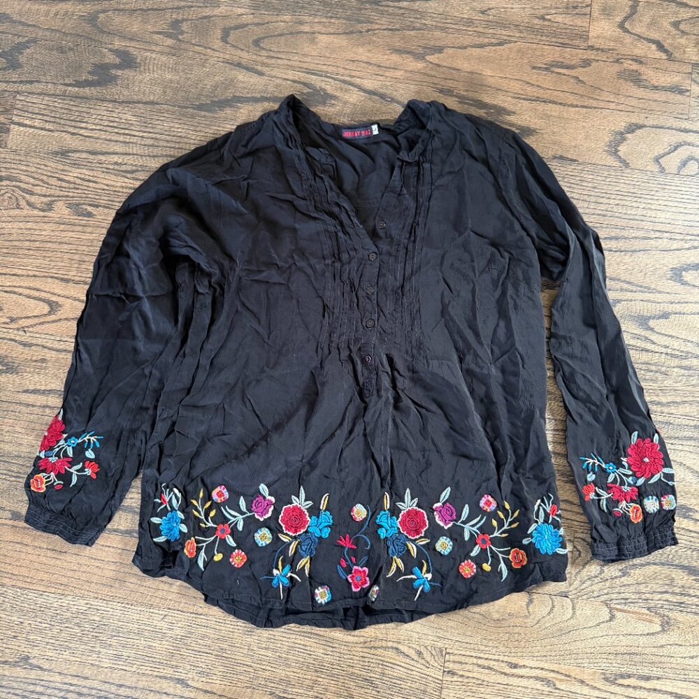 Johnny Was - Black Embroidered Boho Top Blouse Tunic Sz L